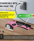 Cordless Electric Scissors With LED Light, 2000mAh Battery charging, pink tool plugged into wall socket on wooden surface