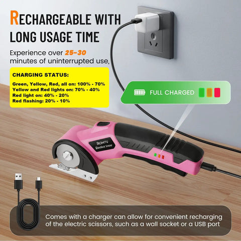Cordless Electric Scissors With LED Light, 2000mAh Battery charging, pink tool plugged into wall socket on wooden surface