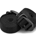 Two Pack 48 Inch Sleeping Bag Straps With Quick Release Buckles For Universal Fit And Must Have No Fuss Easy Camping Gear Compression And Organization Durable Polypropylene Webbing showing coiled black straps.