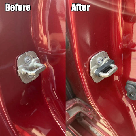 Comparison of Nissan car door latch before and after installing Premium Sound Damper Door Lock Buffers To Beat Rattling And Shut Up Squeaky Knocks From Car Doors Plus Silent Strike Pads Kill Vibration And Hush Impact Noise For A Chill Ride On Bumpy Roads In Nissan Cars.