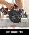 Badass 20V Brushless Cordless Circular Saw Kit With A Full 7 1/4 Inch Blade Spinning Smooth At 5300 RPM Fully Loaded With Heavy Duty Lithium Battery And Lightning Fast Charger Built To Go cutting through wood.