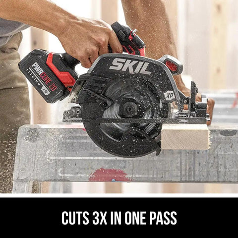 Badass 20V Brushless Cordless Circular Saw Kit With A Full 7 1/4 Inch Blade Spinning Smooth At 5300 RPM Fully Loaded With Heavy Duty Lithium Battery And Lightning Fast Charger Built To Go cutting through wood.