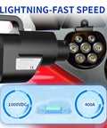 Heavy Duty CCS2 To GBT DC Adapter 400 Amp Fast EV Charging Connector plugged into vehicle charging port with display.