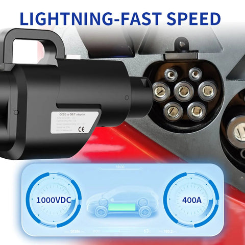 Heavy Duty CCS2 To GBT DC Adapter 400 Amp Fast EV Charging Connector plugged into vehicle charging port with display.