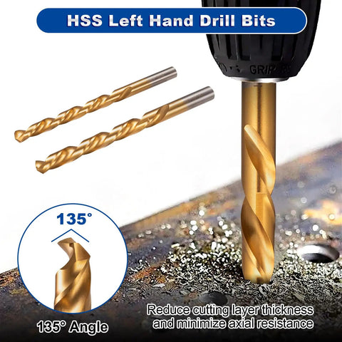 HSS left hand drill bits from 14 Piece Screw Extractor Set For Stripped Screws And Broken Bolts with 135-degree angle detail.