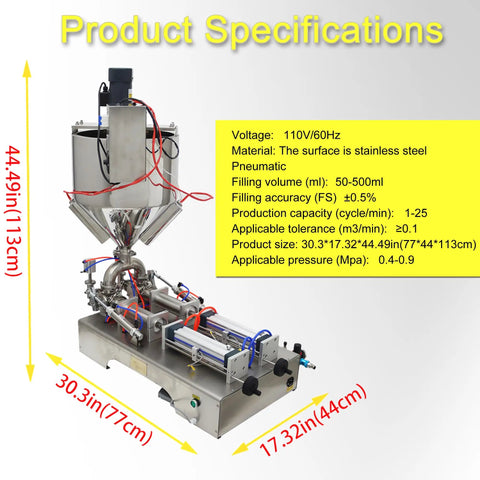 Horizontal Pneumatic Paste Liquid Filling Machine With Heating And Stirring Function Stainless Steel Dual Nozzle 100 To 1000 Ml Capacity specifications image.