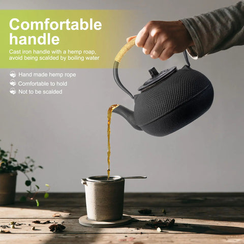 Pouring tea from Japanese Tetsubin Cast Iron Teapot With Stainless Steel Infuser Stovetop Safe Enamel Interior 22 Ounce 650 Milliliter kettle
