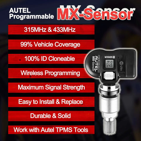 Front view of Autel MX-Sensor TPMS sensor with metal valve, 315/433MHz dual-band