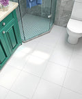 30 Pack Peel And Stick Vinyl Floor Tiles White 12X12 In Self Adhesive Waterproof Laminate Tiles installed in bathroom