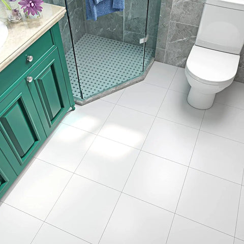 30 Pack Peel And Stick Vinyl Floor Tiles White 12X12 In Self Adhesive Waterproof Laminate Tiles installed in bathroom