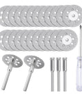 Diamond cutting discs set: 25x22mm discs with 5x 3mm mandrels and screwdriver for rotary tool (top view)