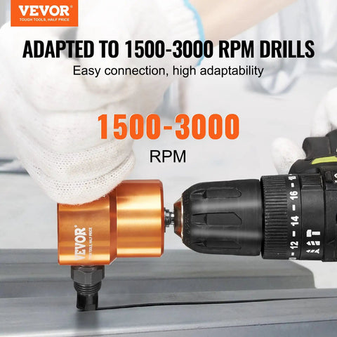 Double Head Sheet Metal Nibbler Cutter for Drills, 360 Degree Cutting Attachment in use with electric drill at 1500-3000 RPM