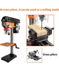 Heavy Duty 12 Speed Drill Press Stand With Chuck And Table Top Machine For Iron Aluminum Wood Plastic Projects Orange 10 Inch view with cross pliers and wood piece