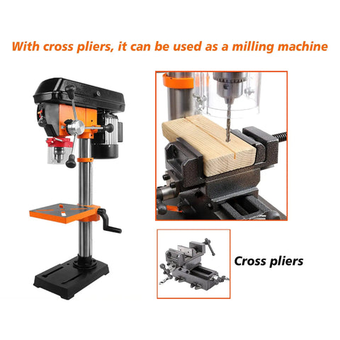 Heavy Duty 12 Speed Drill Press Stand With Chuck And Table Top Machine For Iron Aluminum Wood Plastic Projects Orange 10 Inch view with cross pliers and wood piece