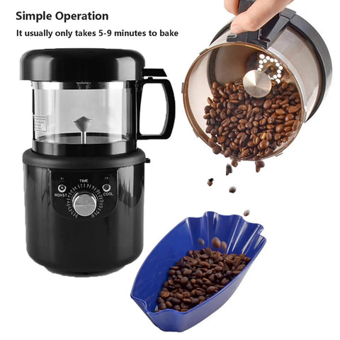 Electric Coffee Bean Roaster With Dual Roast And Cool Functions Automatic Hot Air Burner For Fresh Morning Brews Effortless Operation with beans being poured.