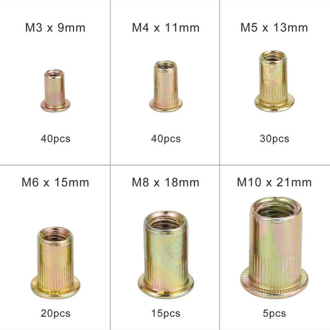 Jinhxofs Carbon Steel Flat Head Threaded Rivet Nut Insert Assortment Metric Cap Set With 150 Pieces showing various insert sizes M3 to M10.
