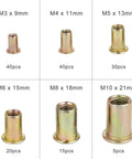 Heavy Duty Flat Head Rivet Nut Inserts Assortment 150 Pieces M3 M5 M6 Carbon Steel for Sheet Metal and Aluminum Tub Mounting displayed.