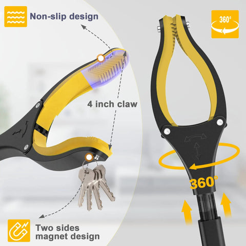 Ultra Long Grabber Reacher Tool For Easy Lifts And Reaching 59 Inch Reach With Magnetic Tip And 360 Degree Rotating Anti Slip Jaw 4 Inch Wide Claw Opening Yellow Handy Senior Helper For Home Garden And Garage