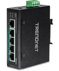 Rock Solid 5 Port Industrial Fast Ethernet Switch Packing 4 PoE Plus Ports And One Uplink Channel With 90 Watt Budget DIN Rail Bracket.