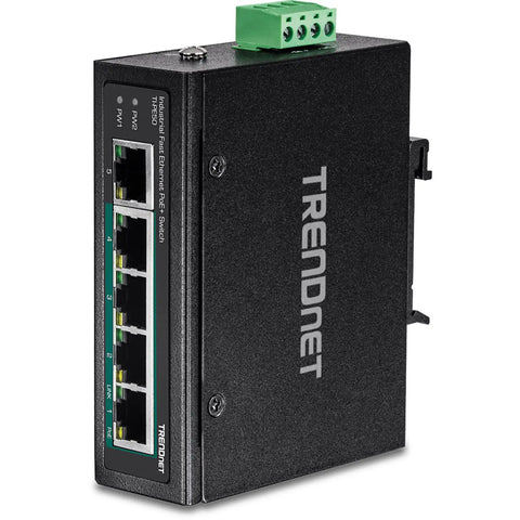 Rock Solid 5 Port Industrial Fast Ethernet Switch Packing 4 PoE Plus Ports And One Uplink Channel With 90 Watt Budget DIN Rail Bracket.