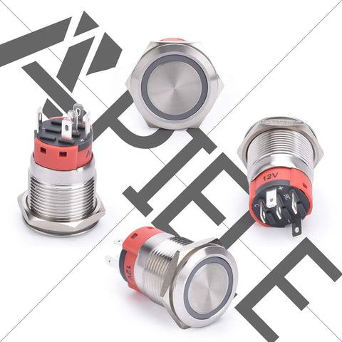 19mm Latching Push Button Switch With Angel Eye LED Halo Ring 12V DC Blue 1NO1NC SPDT Metal Body connectors and contacts