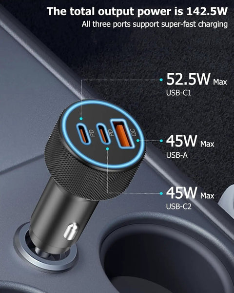 Beast Mode 142.5W Car Charger With Triple Usb Ports delivering PD and QC 3.0, featuring USB-C and USB-A outputs.