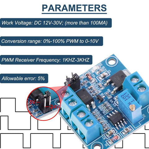 PWM To 0-10V Voltage Converter Module For PLCs, Converts 1KHz-3KHz PWM Into 0-10V Analog Signal, 12-30V DC Supply, 24 AWG Cable, 2 Pack