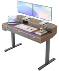 Heavy Duty Electric Standing Desk 48 By 24 Inch With Four Built In Drawers For Smart Storage; walnut finish, dual monitors setup.
