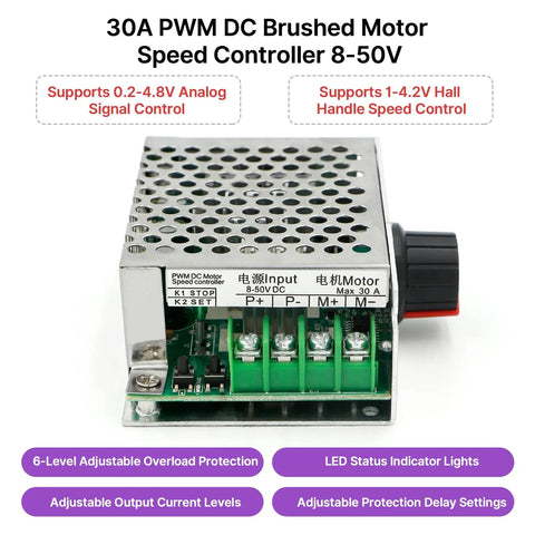 DC Motor Speed Controller 8-50V 30A With Adjustable Overcurrent And Delay Protection For Kids Electric Ride On Brushed Motors Safe Stall Protection Smooth Throttle Control No Fuss Install