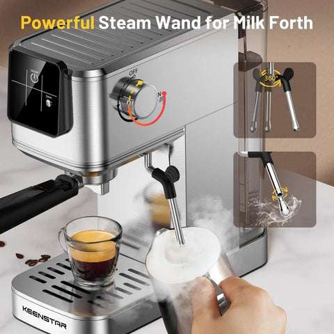 Kickin 20 Bar Espresso Maker With Rapid Cold Brew Touchscreen Panel Dual Milk Frother And 37 Oz Reservoir, steam wand frothing milk.