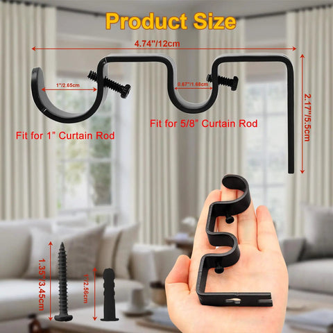 Hand holding Double Curtain Rod Bracket Set, 6 Pack Metal Wall Mount Holders for 1 Inch Curtain Rods, Heavy Duty Black Brackets