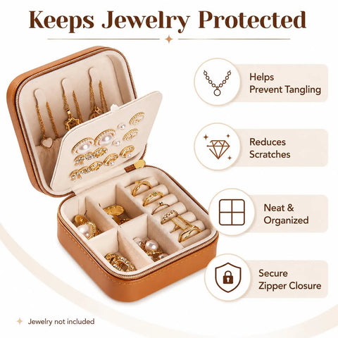 Super Chic Travel Jewelry Box With Waterproof PU Leather Exterior And Soft Flannel Interior Removable Dividers, open showing organized rings and earrings.