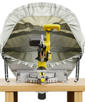 Heavy Duty Miter Saw Dust Hood with 4 Inch Vacuum Port, Oxford Fabric Dust Collector Enclosure for Most 10 Inch Sliding and Chop Saws, Keeps Your Shop Tidy, Includes Storage Bag, Grey installed on saw