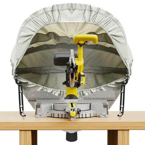 Heavy Duty Miter Saw Dust Hood with 4 Inch Vacuum Port, Oxford Fabric Dust Collector Enclosure for Most 10 Inch Sliding and Chop Saws, Keeps Your Shop Tidy, Includes Storage Bag, Grey installed on saw