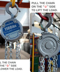 Industrial Mini Manual Chain Hoist With 1100 Lbs Capacity And 10 Foot Lift shown in operation, close-up of hoist mechanism.