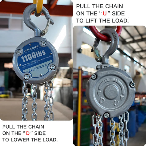 Industrial Mini Manual Chain Hoist With 1100 Lbs Capacity And 10 Foot Lift shown in operation, close-up of hoist mechanism.