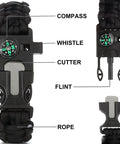 3 Pack Survival Bracelet Set With Compass, Whistle, And Magnesium Fire Starter for Camping and Hiking, close-up black bracelet