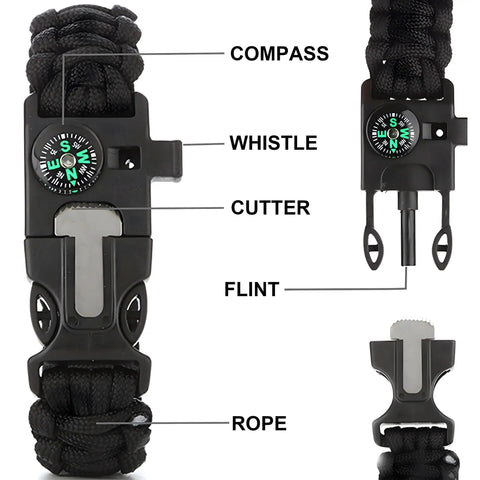 3 Pack Survival Bracelet Set With Compass, Whistle, And Magnesium Fire Starter for Camping and Hiking, close-up black bracelet