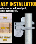 Wall Mount Butterfly Gate Latch For 1-3/8 To 1-5/8 Inch Frames, Galvanized Steel, shown installed on various surfaces