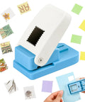 Lever Action Paper Punch For Rectangular Scalloped 1X0.8 Inch Stamp Shape with cut paper squares in background