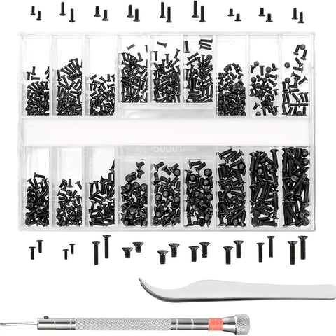 Solid 630 Piece Micro Repair Screw Set With Precision Drivers To Quick Fix Cracked Glasses Sunglasses Wristwatches And Jewelry M1.2 M1.4 Flat Heads in compact case.
