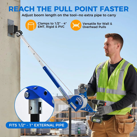 Worker using Drill Powered Wire Tugger For One-Man Job, 1000 Lb Peak Pulling Force, telescoping boom arm pulling wiring