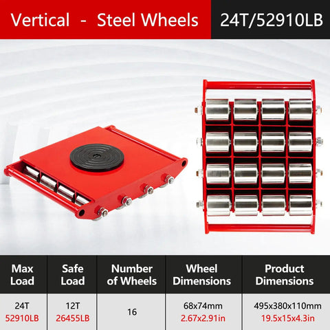 Heavy Duty Steel Roller Trolley Machine Move Skates Industrial Gear Hauler with 16 steel wheels and 24T load capacity.