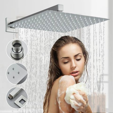 Brushed Nickel Shower System With 12 Inch Rain Head, Handheld Sprayer, Brass Valve, 14.5 Inch Arm, elegant water flow demonstration