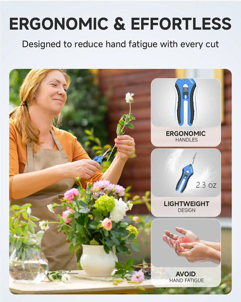 Woman using 6.5 Inch Gardening Pruning Snips with Straight Blades for precise plant trimming, ergonomic handles shown in image.