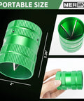 MERWOF green metal pipe reamer deburring tool for copper and PVC pipes, knurled grip, 2-inch length.