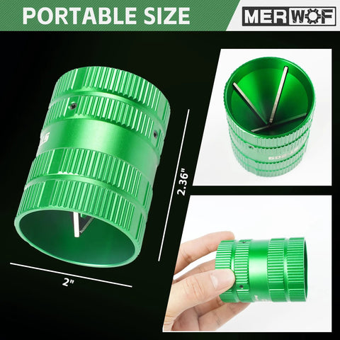 MERWOF green metal pipe reamer deburring tool for copper and PVC pipes, knurled grip, 2-inch length.
