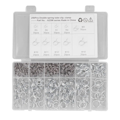 Get Your Fix Fast With These Top Tier Double Wire Irrigation Hose Clamps In Blue And White! This Sweet Assortment Kit Boasts 10 Sizes Ranging From Tiny 5mm To A Big 14mm Diameter Plus Zinc Protection For Rust Resistance. Grab The Nifty Storage Box Inside. 250-piece double wire hose clamp kit in storage box, 5-14mm sizes