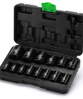Heavy Duty Workhorse Half Inch Drive Shallow 12-Point Metric Impact Socket Set, 15-Piece, Cr-V Chrome Vanadium in case, sizes 11mm-32mm