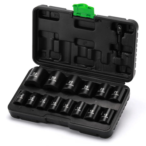 Heavy Duty Workhorse Half Inch Drive Shallow 12-Point Metric Impact Socket Set, 15-Piece, Cr-V Chrome Vanadium in case, sizes 11mm-32mm